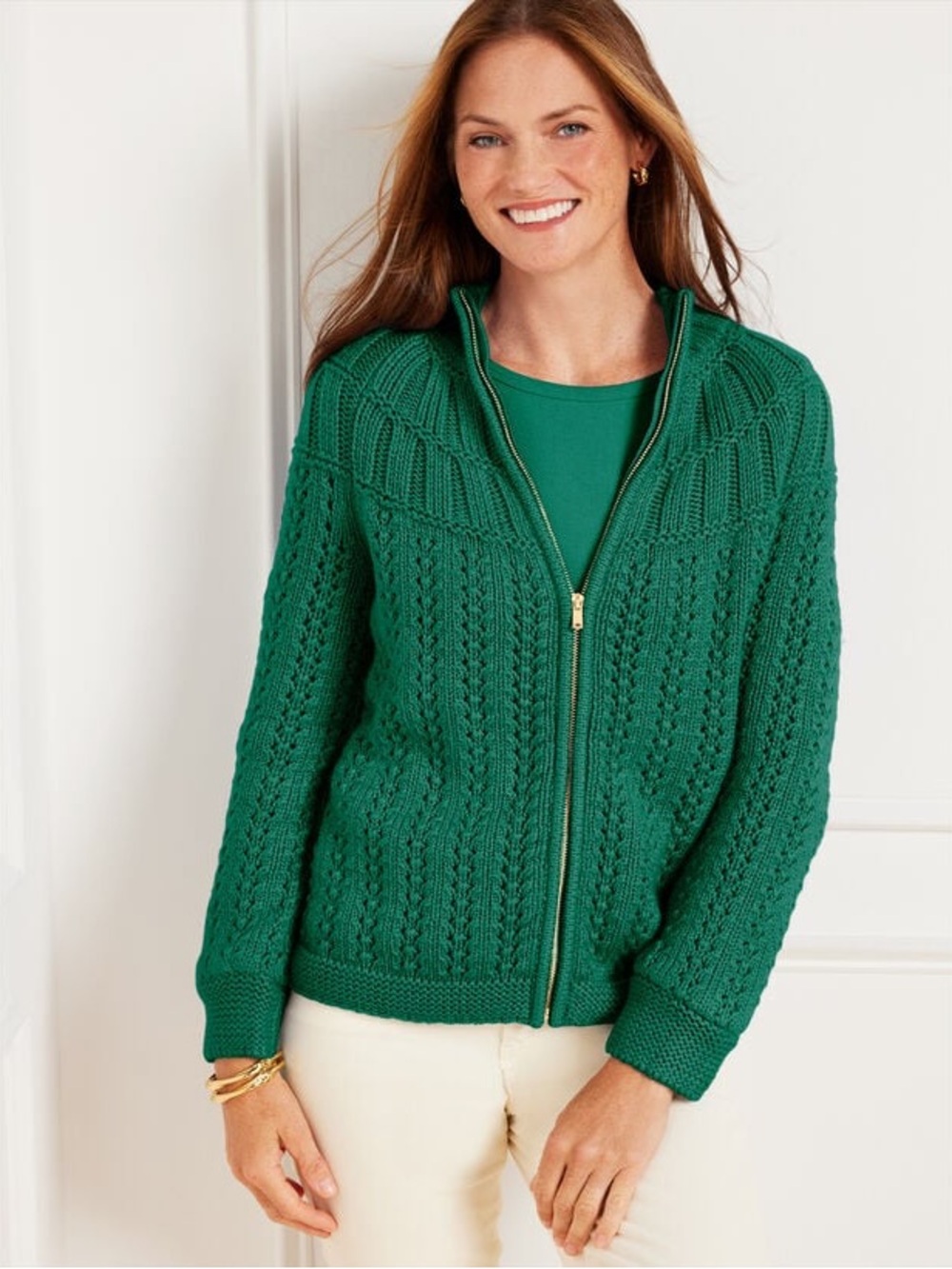 Talbots Green Mixed Stitch  Zip Front Cardigan